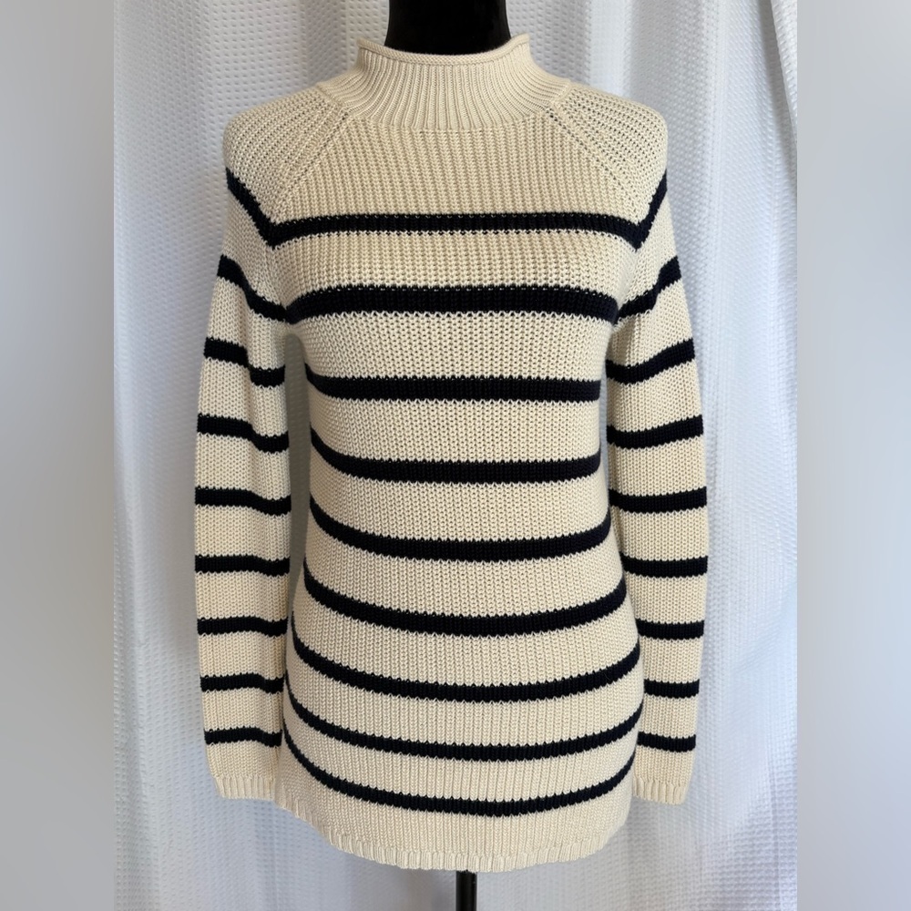 Talbots beige & black striped turtle neck 100% cotton knit sweater size XS